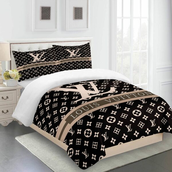 Beige Brown Louis Vuitton Logo Brand Bedding Set Bedspread Luxury Bedroom Home Decor