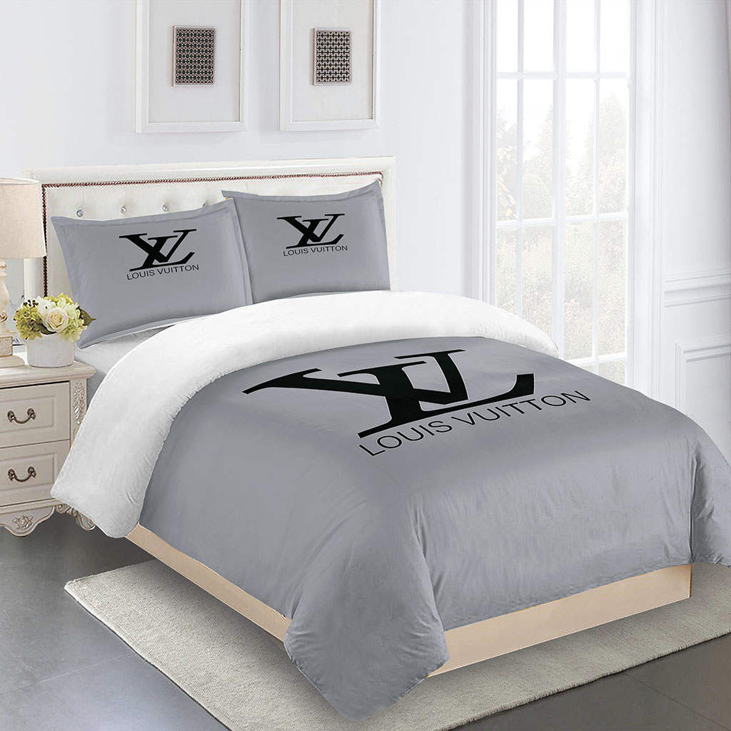 Gray Black Full Louis Vuitton Logo Brand Bedding Set Luxury Bedspread Home Decor Bedroom