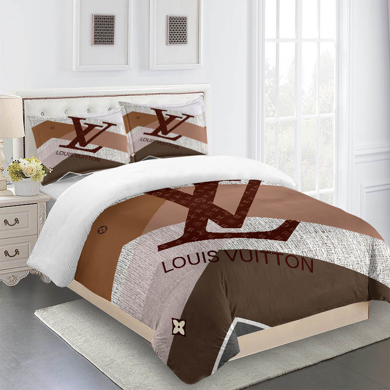 Striped Beige Full Louis Vuitton Logo Brand Bedding Set Home Decor Bedroom Luxury Bedspread