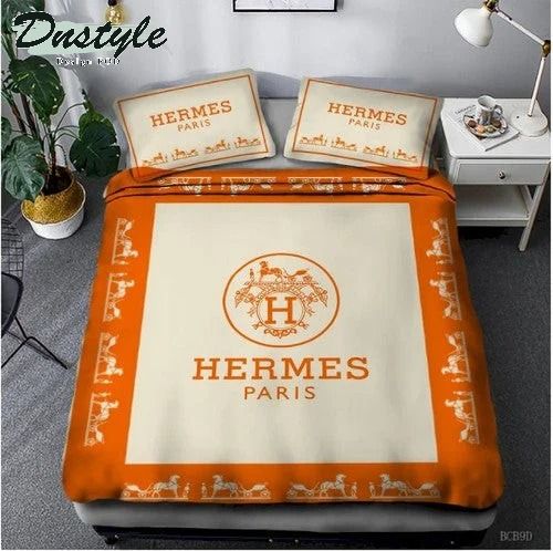 Hermes Paris Logo Brand Bedding Set Bedspread Bedroom Luxury Home Decor