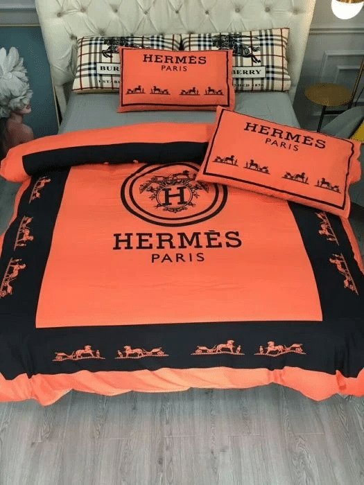 Hermes Paris Logo Brand Bedding Set Bedroom Luxury Bedspread Home Decor