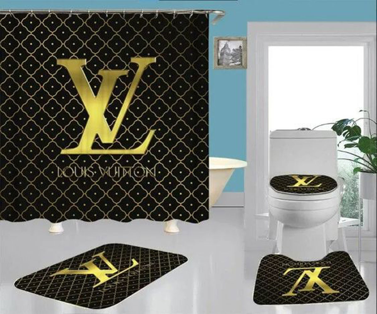 Louis Vuitton Lv Black Gold Bathroom Set Hypebeast Bath Mat Luxury Fashion Brand Home Decor