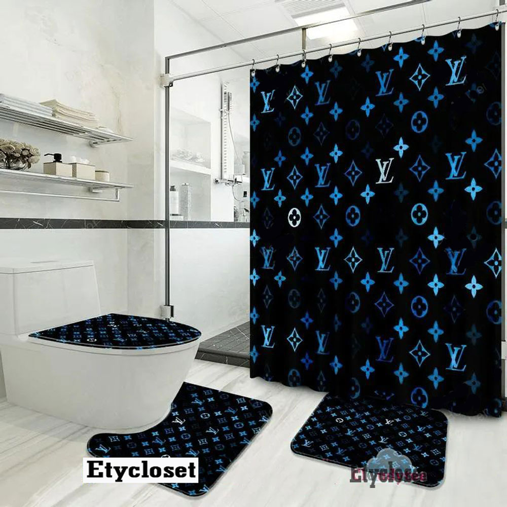 Louis Vuitton Lv Blue Bathroom Set Luxury Fashion Brand Hypebeast Bath Mat Home Decor