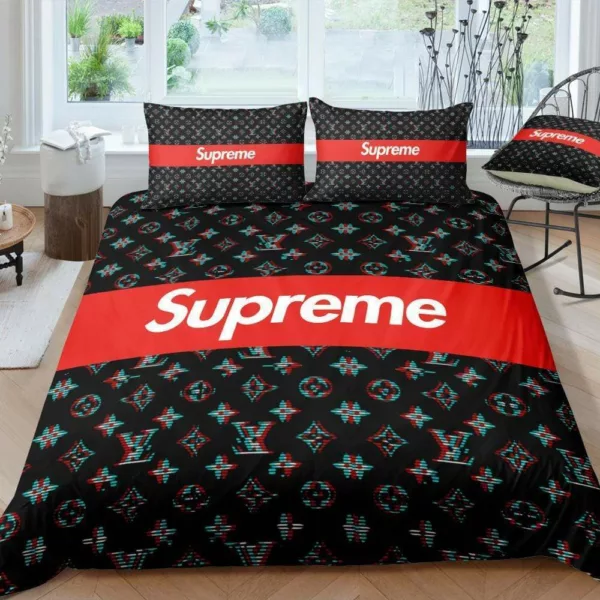 Louis Vuitton Supreme Logo Brand Bedding Set Luxury Bedspread Bedroom Home Decor