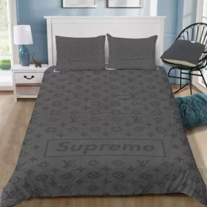 Louis Vuitton Supreme Grey Logo Brand Bedding Set Bedspread Luxury Home Decor Bedroom