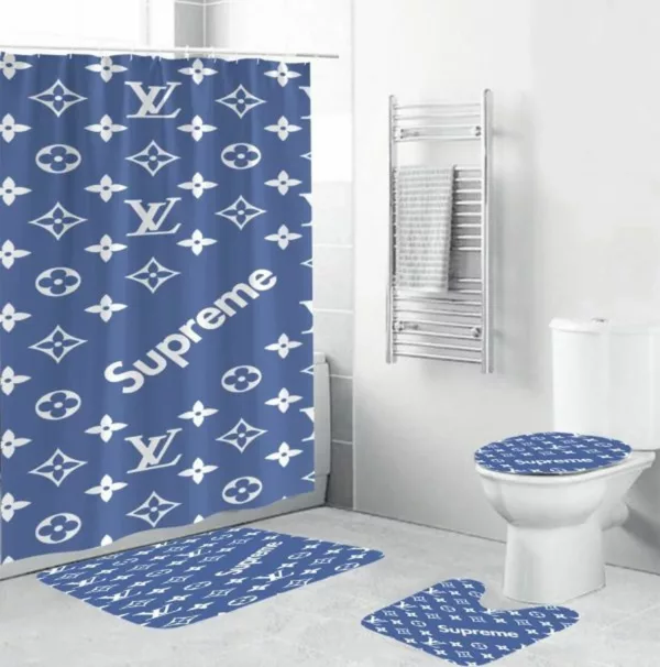 Louis Vuitton Supreme Blue Bathroom Set Hypebeast Home Decor Bath Mat Luxury Fashion Brand