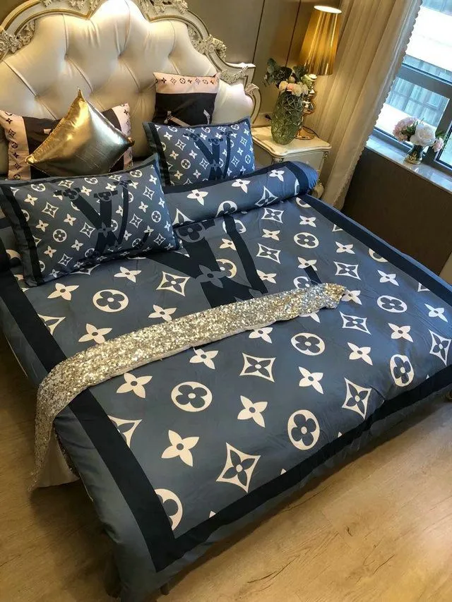 Louis Vuitton Blue And Black Logo Brand Bedding Set Luxury Bedspread Home Decor Bedroom