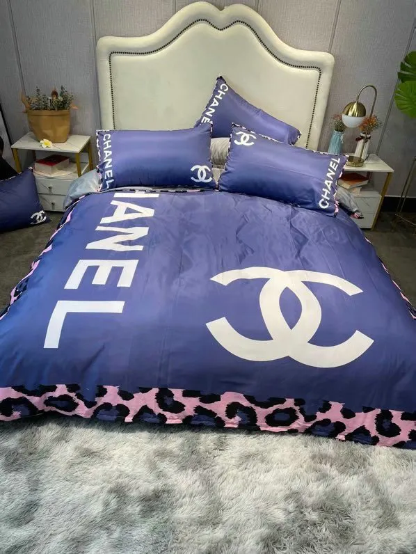 Chanel Blue Logo Brand Bedding Set Bedspread Bedroom Luxury Home Decor