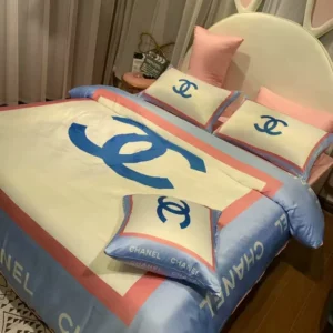 Chanel Blue Logo Brand Bedding Set Bedspread Bedroom Luxury Home Decor