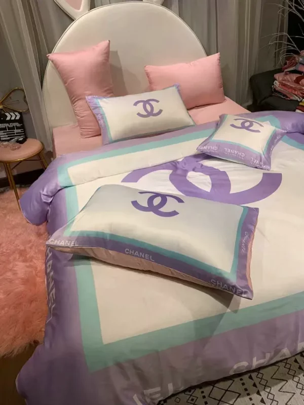 Chanel Violet Logo Brand Bedding Set Luxury Home Decor Bedroom Bedspread