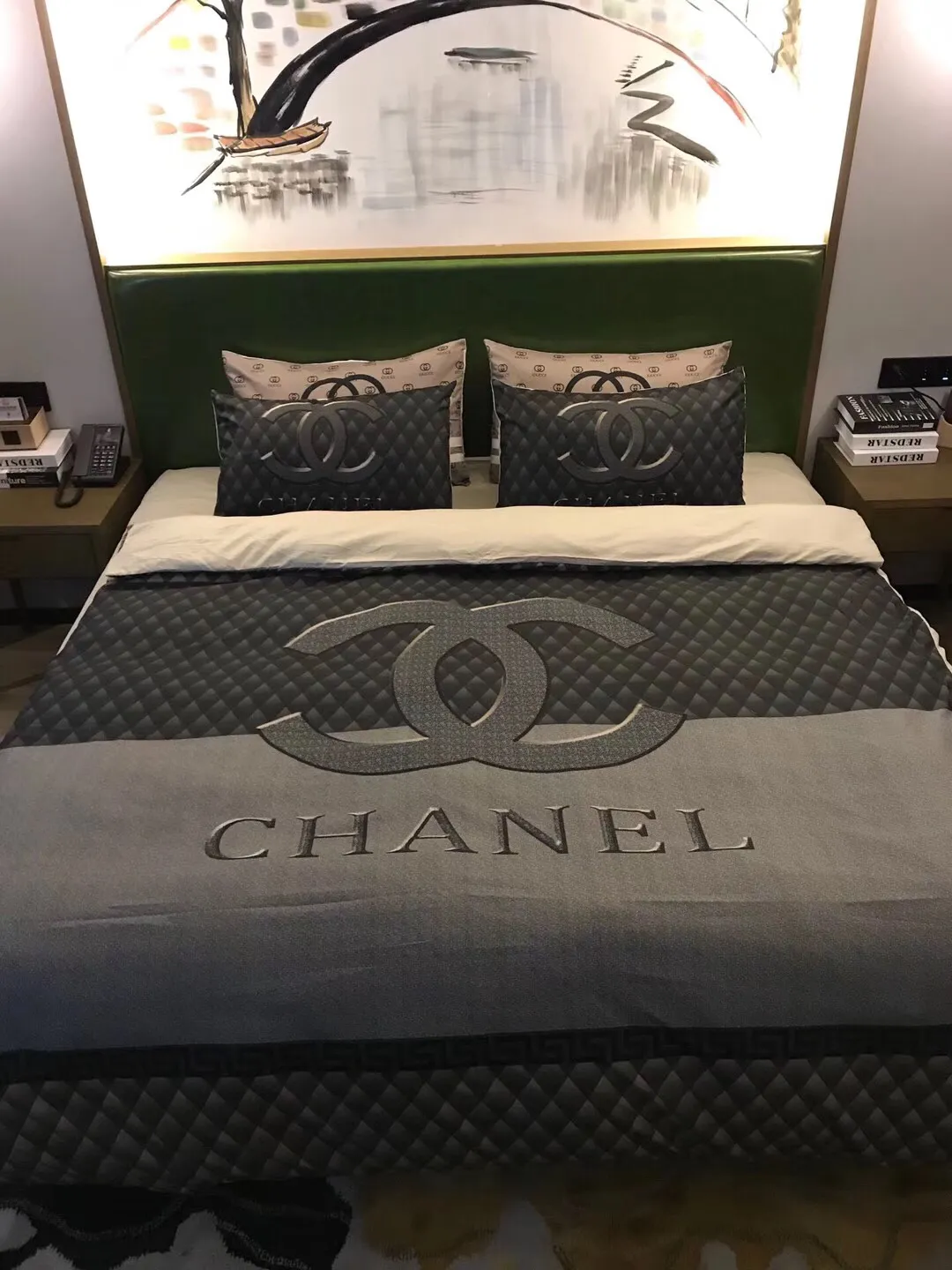 Chanel Dark Logo Brand Bedding Set Luxury Home Decor Bedspread Bedroom