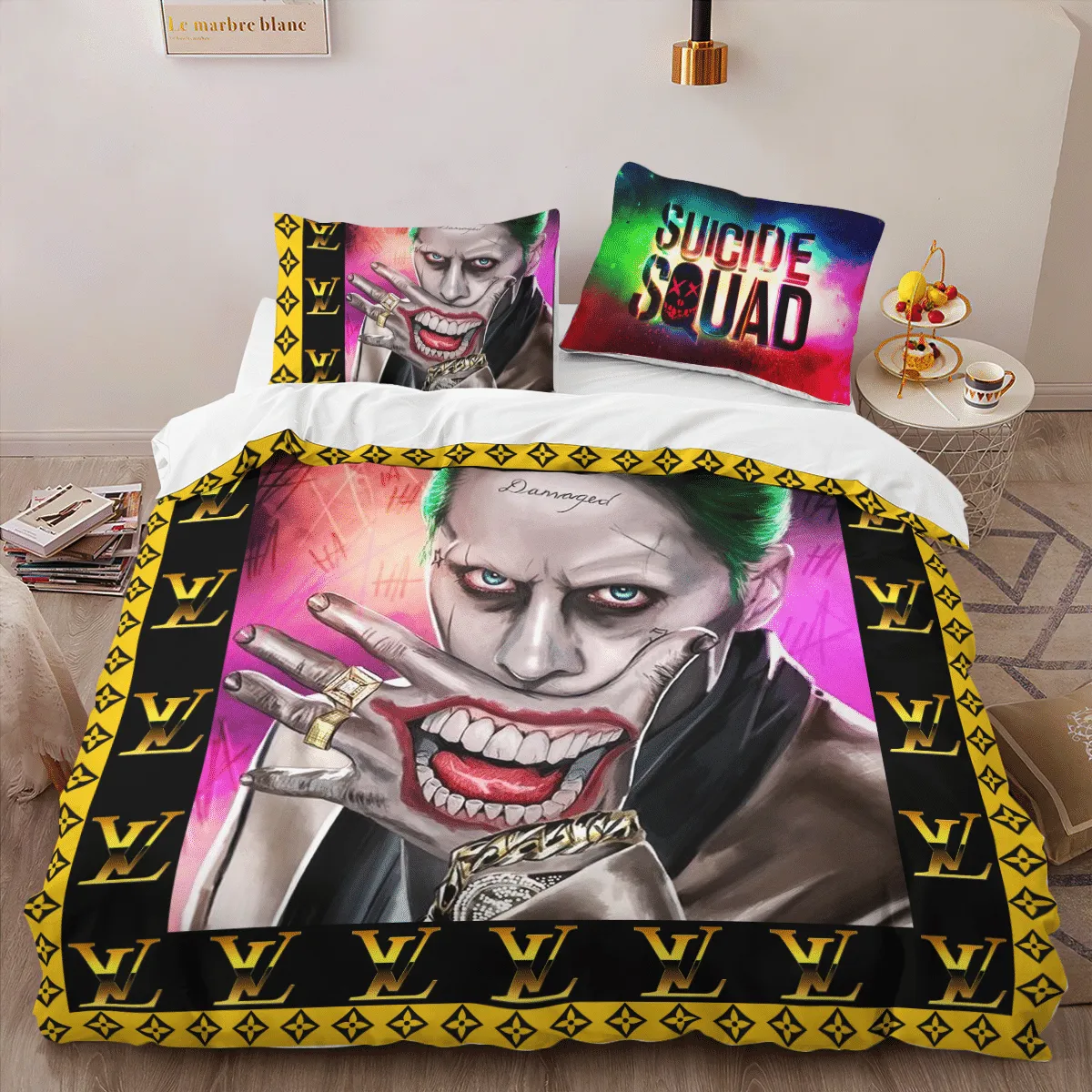 Louis Vuitton Joker Suicide Squad Logo Brand Bedding Set Bedspread Luxury Home Decor Bedroom