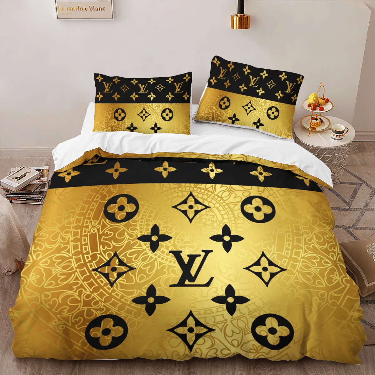 Louis Vuitton Golden Louis Vuitton Logo Brand Bedding Set Bedspread Home Decor Bedroom Luxury