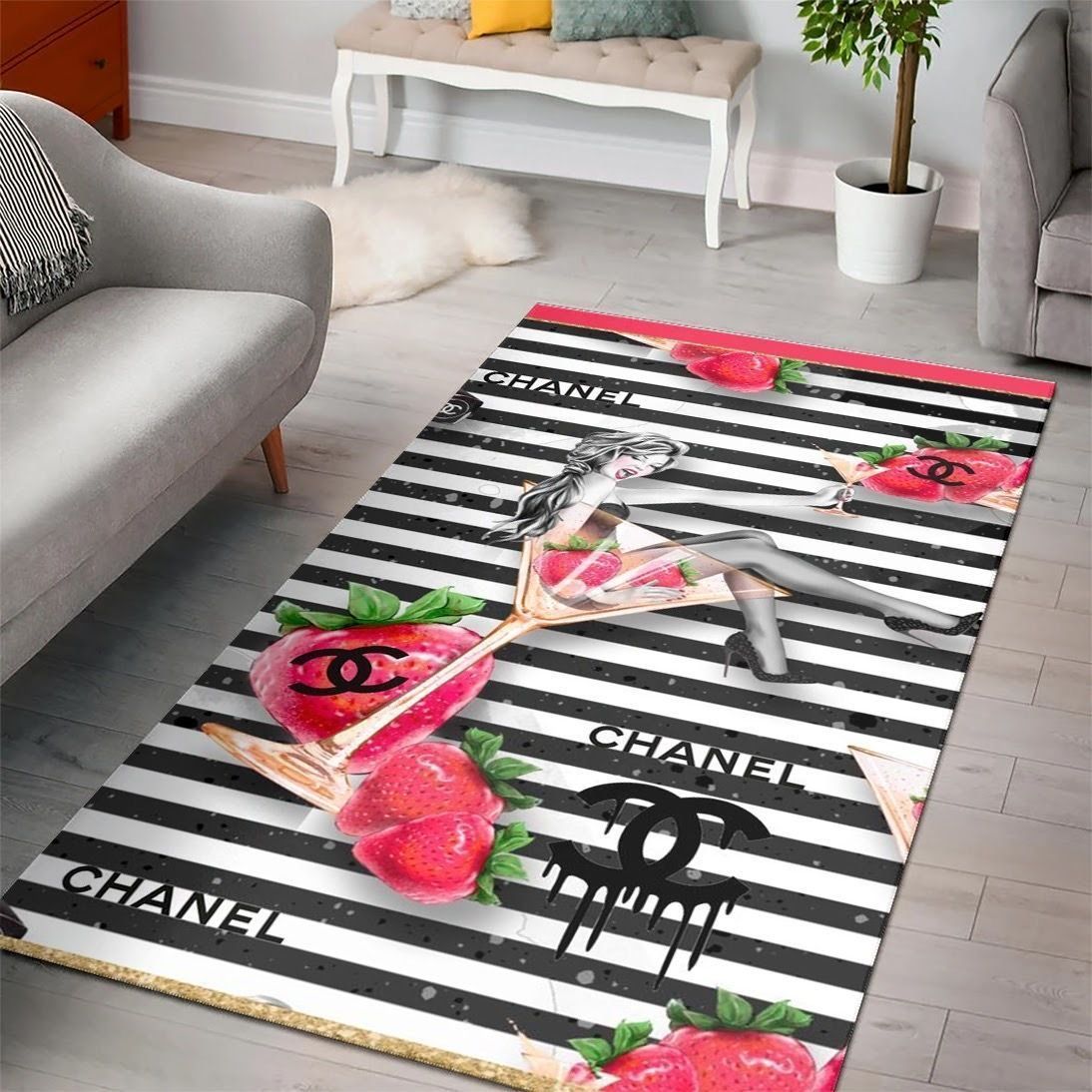 Chanel Lady Strawberry Luxury Fashion Brand Rug Door Mat Area Carpet Home Decor