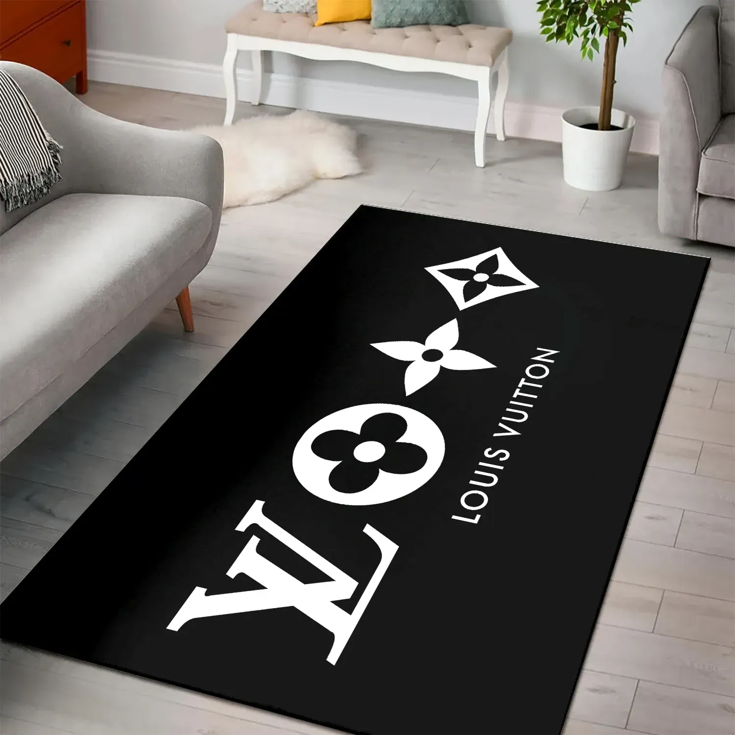 Black White Louis Vuitton Area Luxury Fashion Brand Rug Door Mat Area Carpet Home Decor