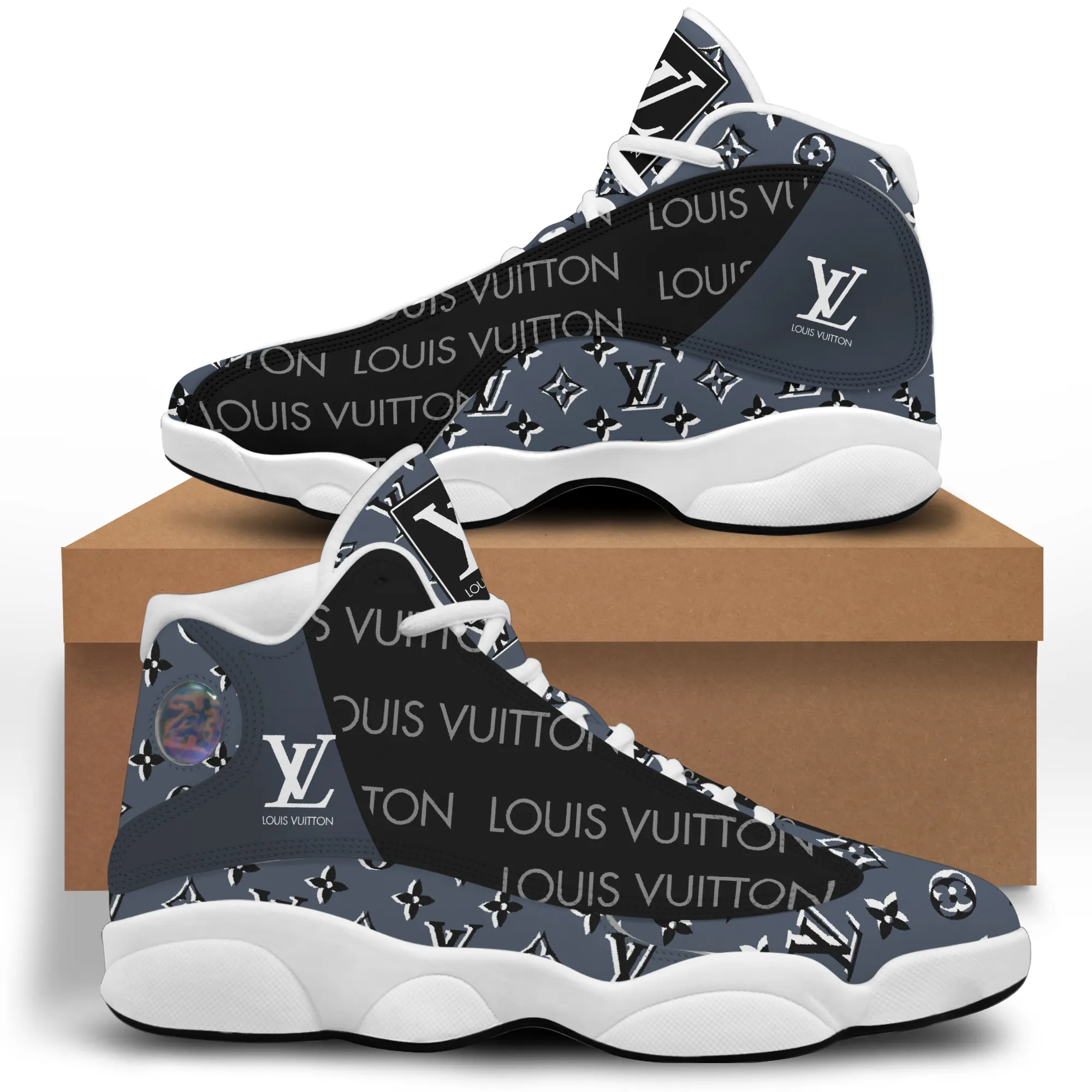 Louis Vuitton LV Black Grey Air Jordan 13 Shoes Luxury Trending Sneakers Fashion