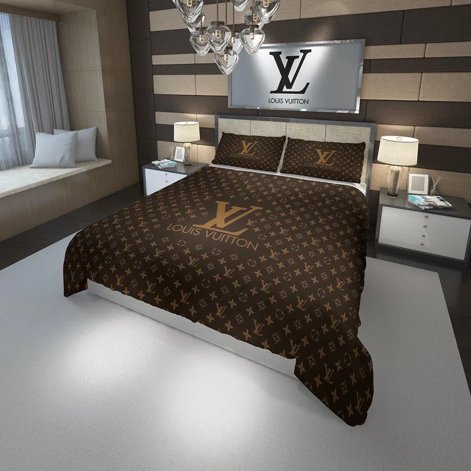 Louis Vuitton Brown Logo Brand Bedding Set Bedspread Bedroom Luxury Home Decor