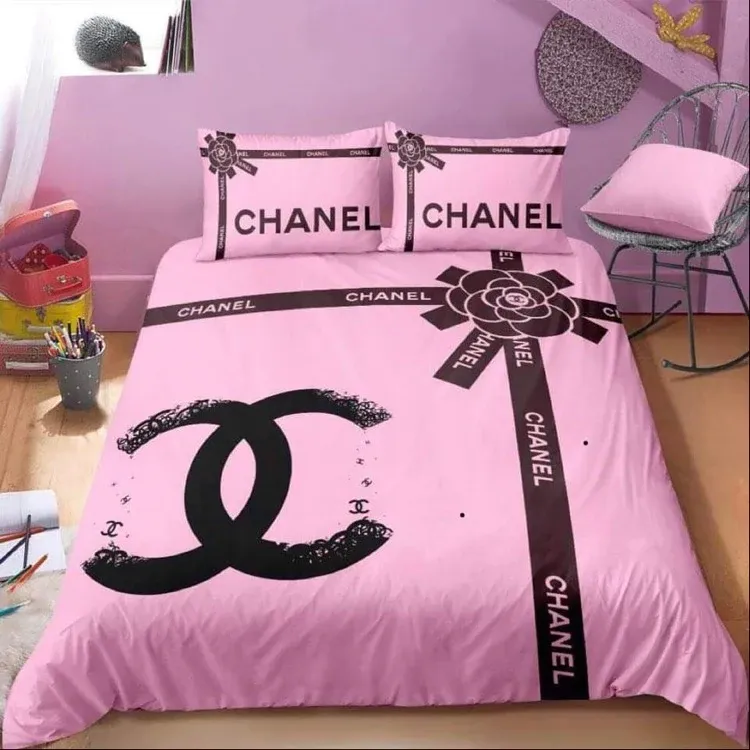 Chanel Pinky Brown Logo Brand Bedding Set Home Decor Bedroom Bedspread Luxury