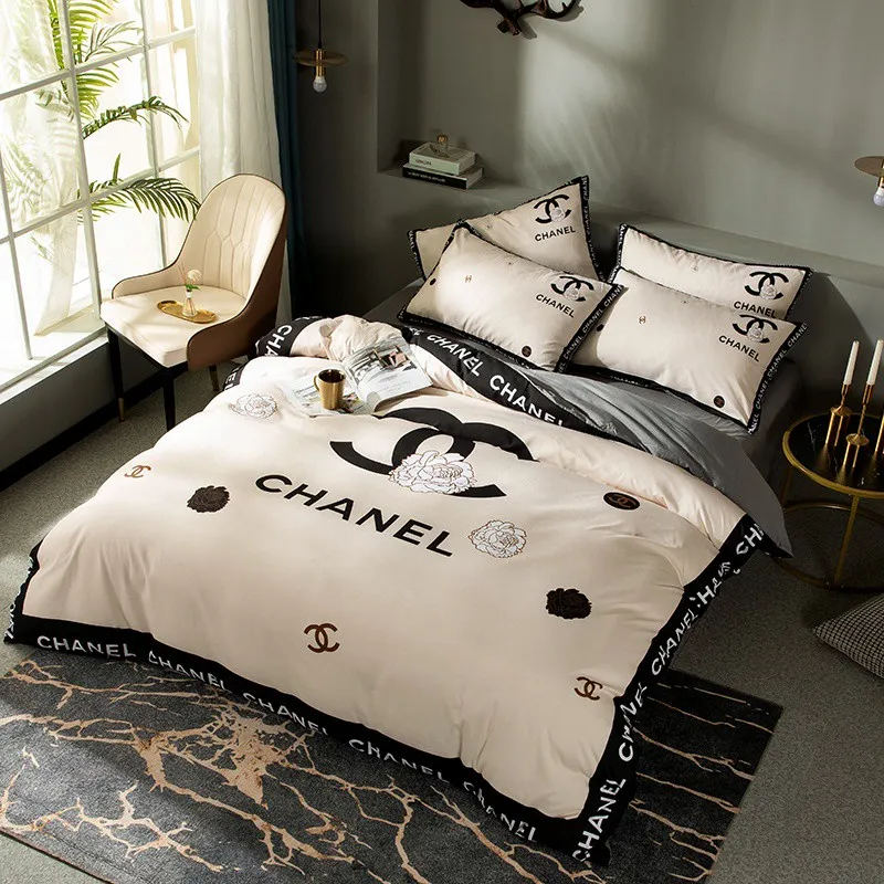 Chanel White Logo Brand Bedding Set Bedspread Bedroom Home Decor Luxury