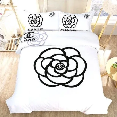 Chanel Paris White Big Roses Logo Brand Bedding Set Luxury Bedspread Bedroom Home Decor