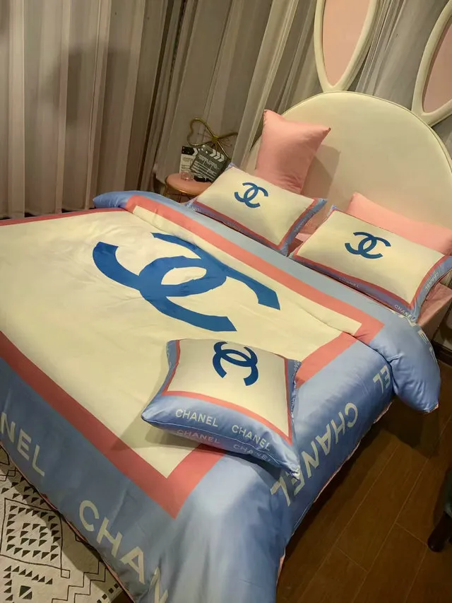 Chanel Blue Logo Brand Bedding Set Home Decor Bedspread Luxury Bedroom