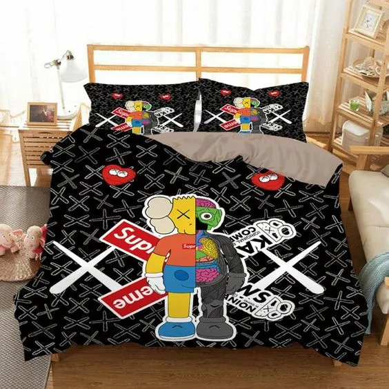 Kaws X Supreme In Black Background Logo Brand Bedding Set Luxury Bedroom Bedspread Home Decor