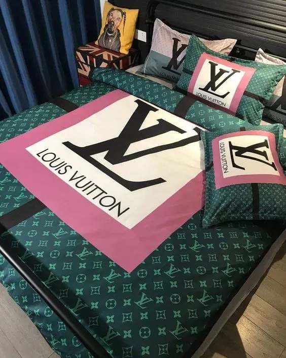 Best Louis Vuitton Pink And Green Monogram Logo Brand Bedding Set Bedspread Bedroom Luxury Home Decor