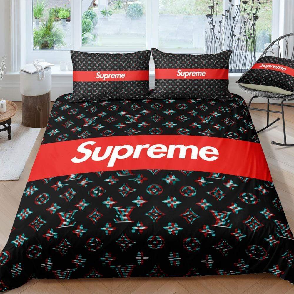 Louis Vuitton Supreme Logo Brand Bedding Set Bedspread Home Decor Luxury Bedroom