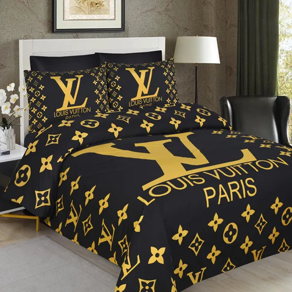 Louis Vuiton Black Golden Paris Logo Brand Bedding Set Luxury Home Decor Bedspread Bedroom