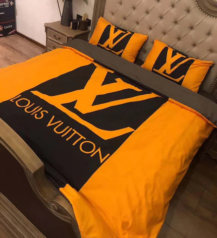 Louis Vuiton Orange Logo Brand Bedding Set Bedspread Luxury Bedroom Home Decor