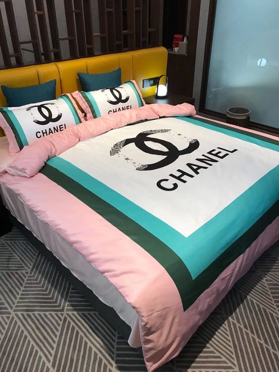 Chanel Light Pink Blue Logo Brand Bedding Set Bedspread Luxury Bedroom Home Decor