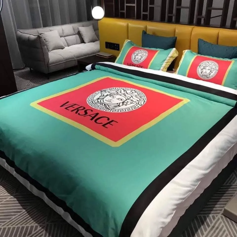 Versace Green Red Bds Logo Brand Bedding Set Bedroom Bedspread Home Decor Luxury