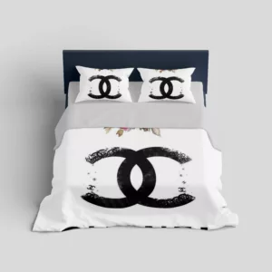 Chanel Flower White Logo Brand Bedding Set Bedroom Luxury Bedspread Home Decor