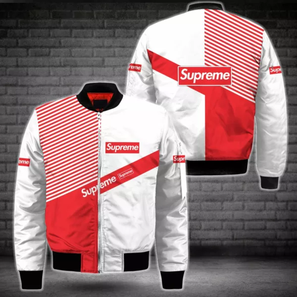 Supreme Red White Bomber Jacket Luxury Fashion Brand Outfit