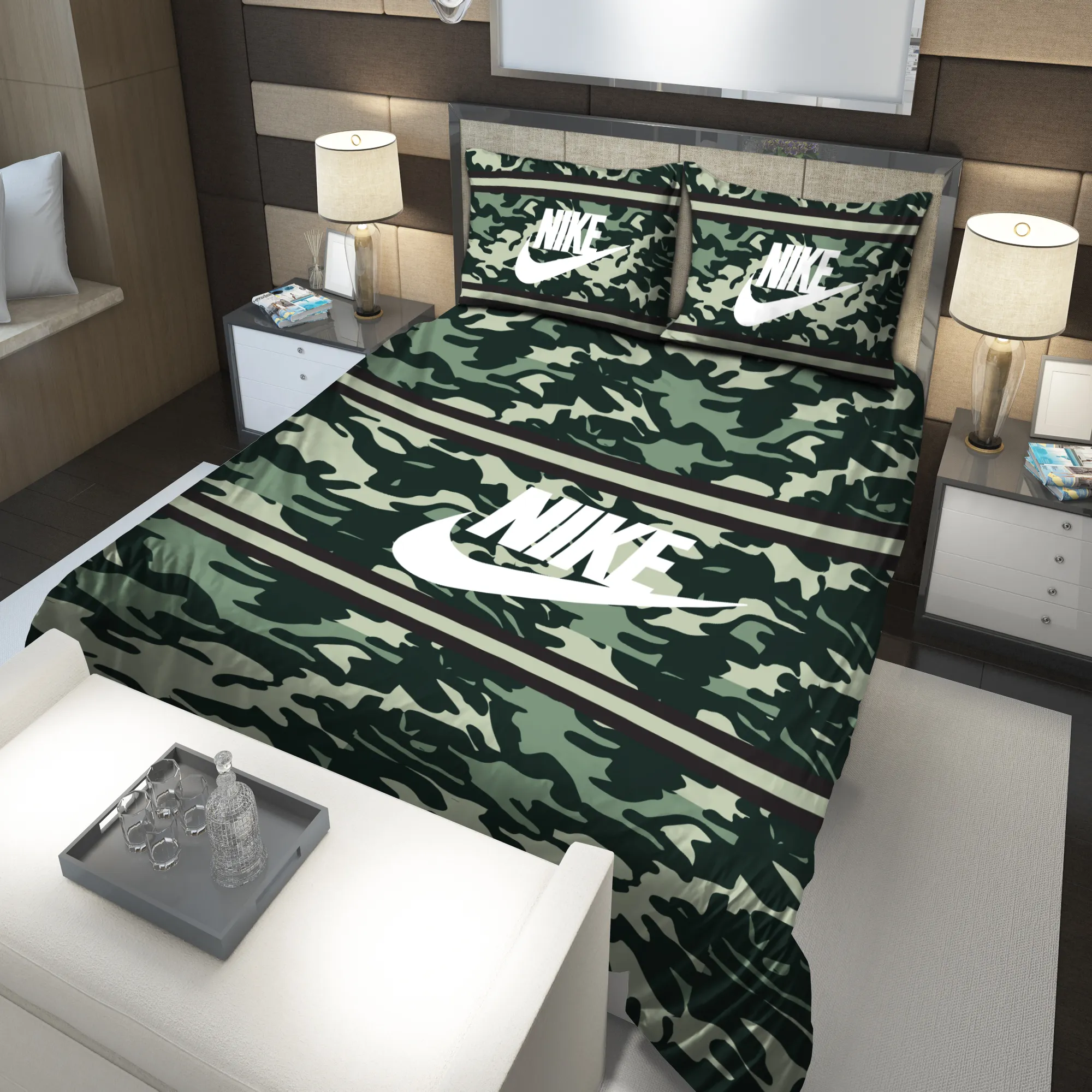 Nike Green Army Logo Brand Bedding Set Luxury Bedroom Home Decor Bedspread