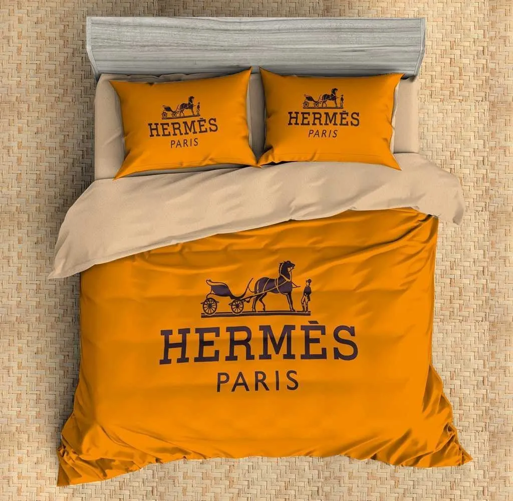 Hermes Paris Orange Logo Brand Bedding Set Home Decor Bedroom Bedspread Luxury