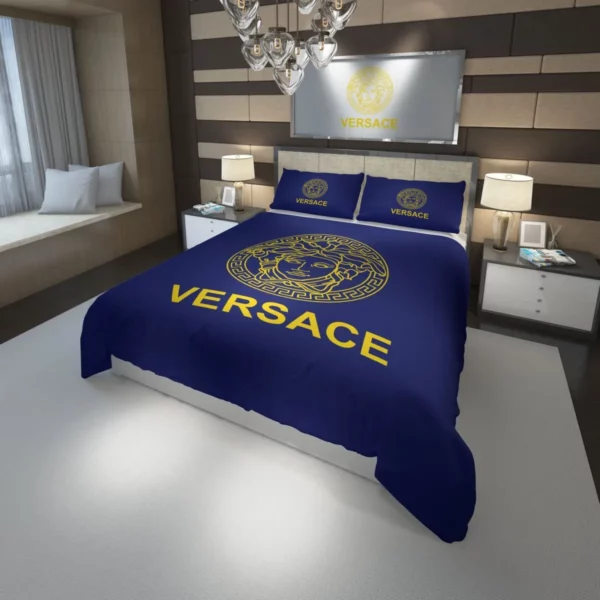 Versace Blue Golden Logo Brand Bedding Set Bedspread Home Decor Bedroom Luxury