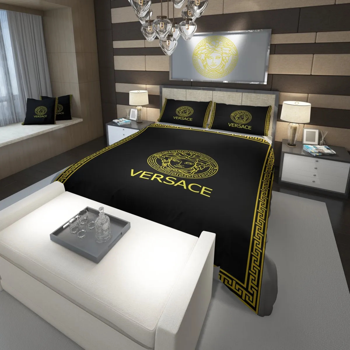 Versace Black Golden Logo Brand Bedding Set Bedspread Luxury Bedroom Home Decor