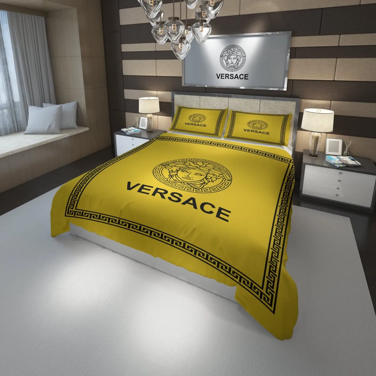 Versace Yellow Logo Brand Bedding Set Bedroom Luxury Bedspread Home Decor