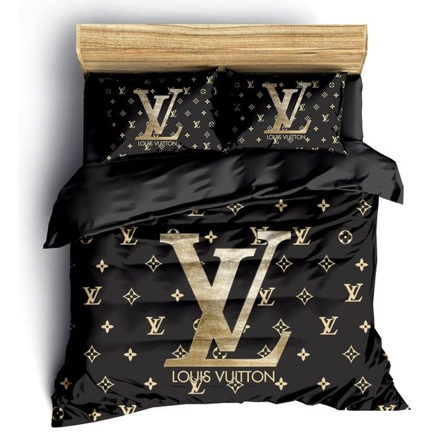 Louis Vuitton Black Golden Logo Brand Bedding Set Bedroom Home Decor Luxury Bedspread