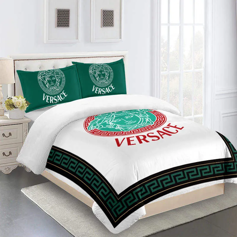 Versace Green Medusa White Logo Brand Bedding Set Bedroom Home Decor Luxury Bedspread