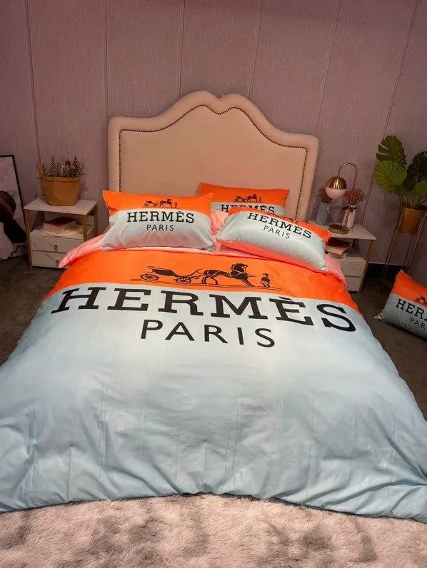 Hermes Paris Orange Grey Logo Brand Bedding Set Luxury Home Decor Bedspread Bedroom