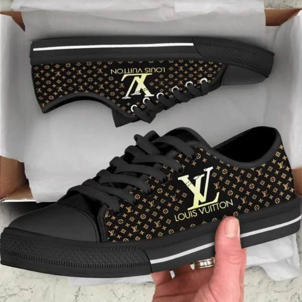 Louis Vuitton Gold Logo Black Low Top Canvas Shoes Luxury Brand