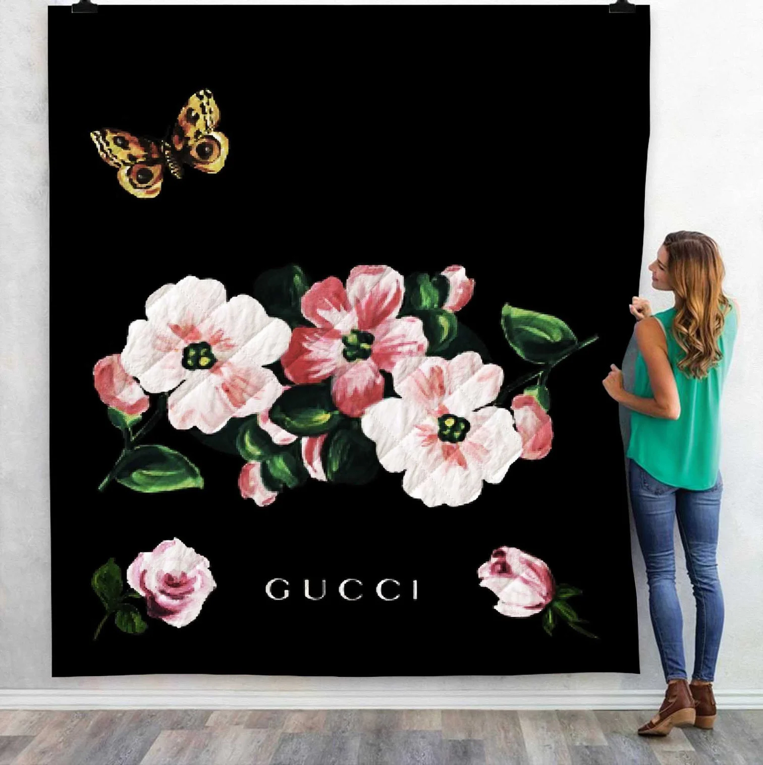 Gucci Flowers Logo Fleece Blanket Fashion Brand Home Decor Luxury