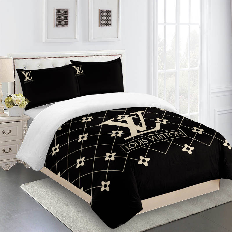 Beautiful Beige And Black Louis Vuitton Logo Brand Bedding Set Home Decor Bedspread Luxury Bedroom