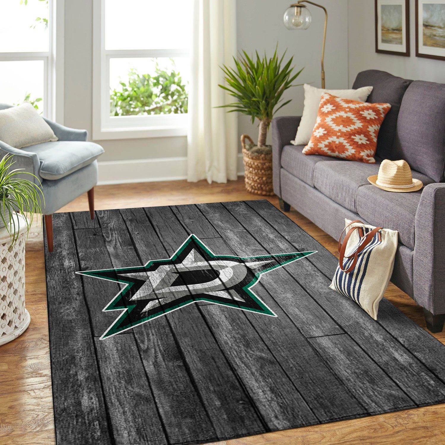 Dallas Stars Nhl Team Logo Grey Wooden Type 7107 Rug Area Carpet Home Decor Living Room