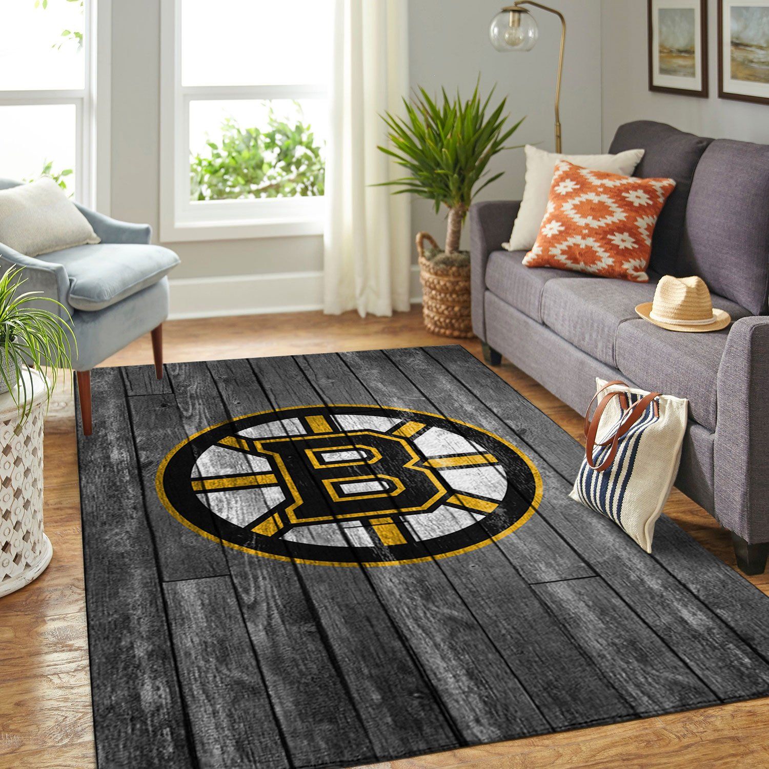 Boston Bruins Nhl Team Logo Grey Wooden Type 7165 Rug Area Carpet Home Decor Living Room