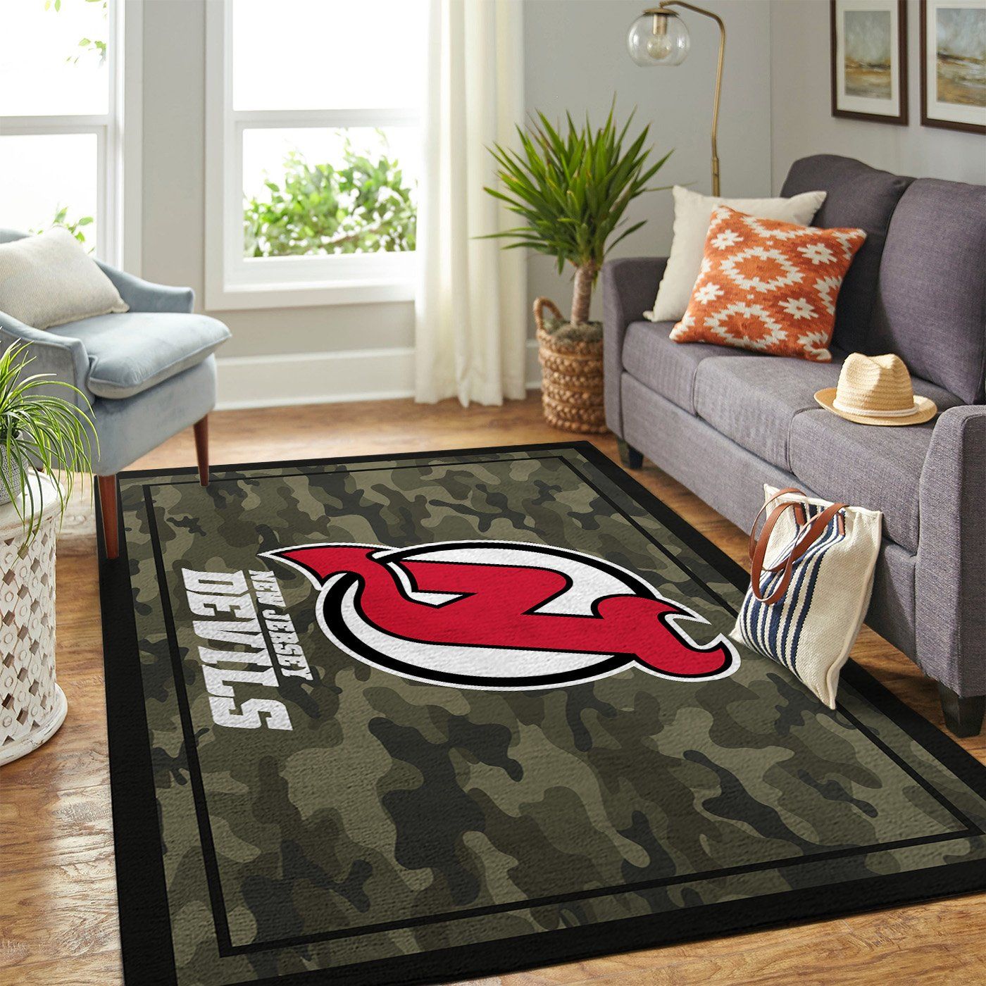 New Jersey Devils Nhl Team Logo Camo Type 7761 Rug Living Room Area Carpet Home Decor