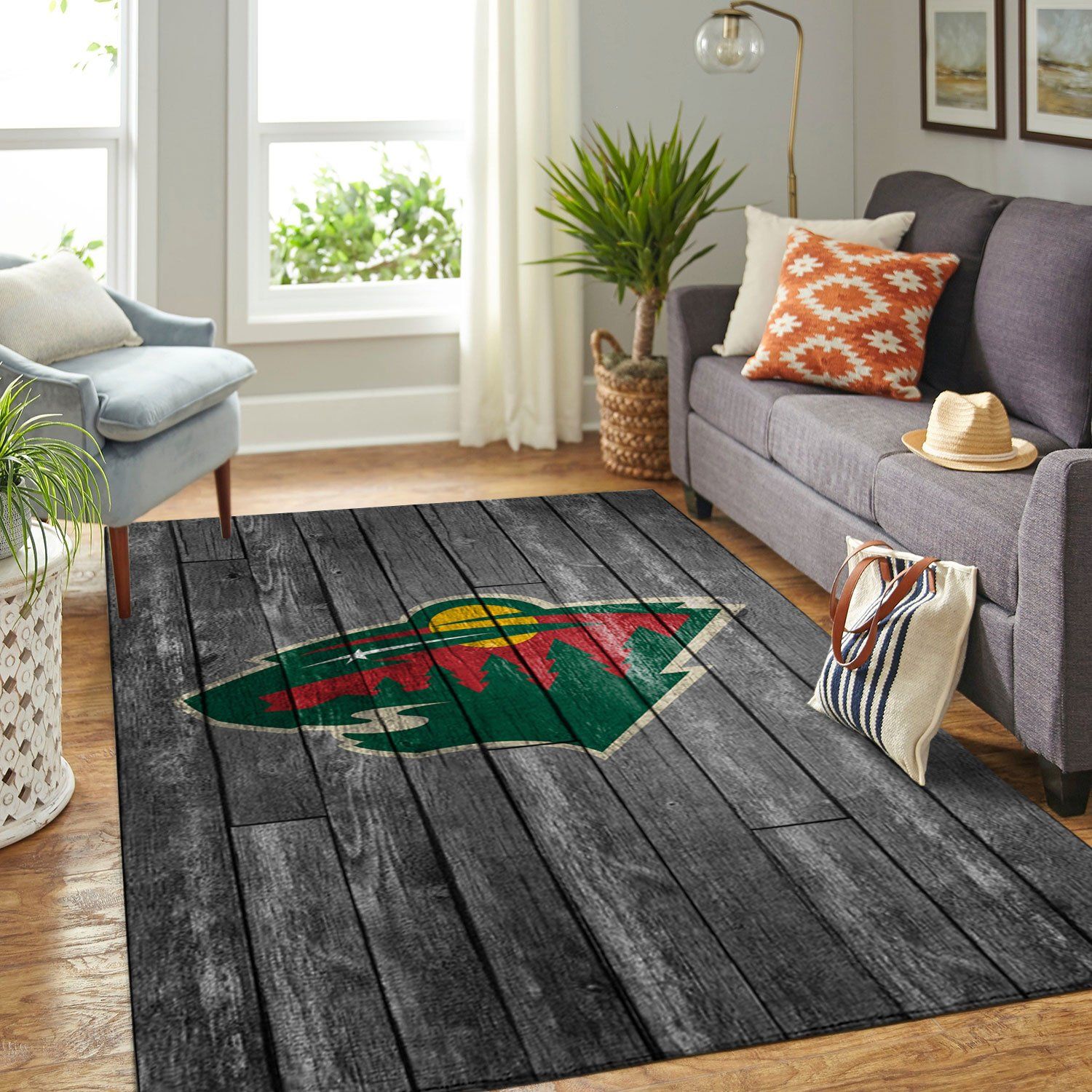 Minnesota Wild Nhl Team Logo Grey Wooden Type 7776 Rug Living Room Area Carpet Home Decor