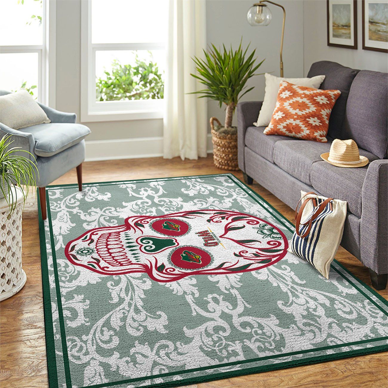 Minnesota Wild Nhl Team Logo Skull Flower Type 7786 Rug Home Decor Living Room Area Carpet